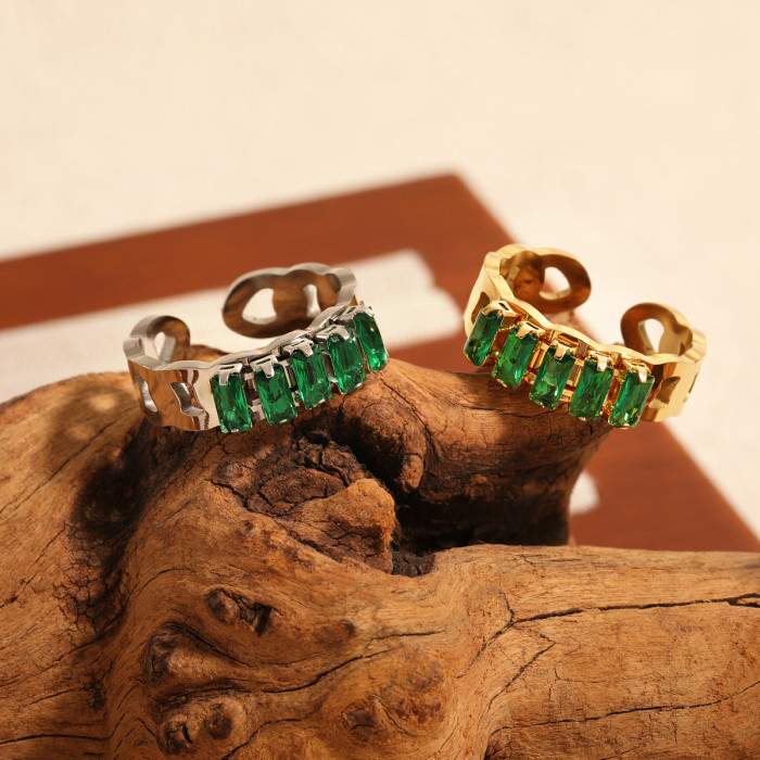 New Style Light Luxury Stone-Studded Ring High-End Feel Stainless Steel Green Cubic Zirconia Rainbow Open Titanium...