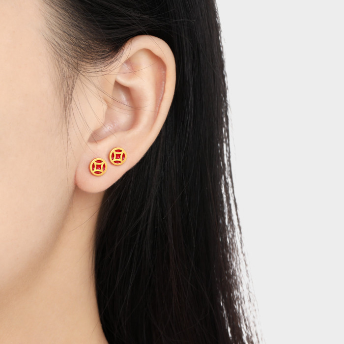 New Chinese Style National Trend Niche Simple Copper Coin Epoxy Ear Bone Stud Fashionable Personality High-end Gold-plated Titanium Steel Earrings