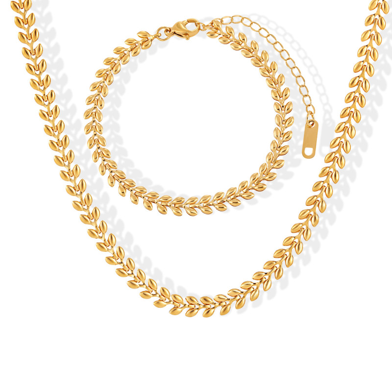 European and American Cross-Border Simple Wheat Ear Leaf Titanium Steel Necklace for Women Wheat Ear Bracelet 24k Gold Plated Jewelry Wholesale