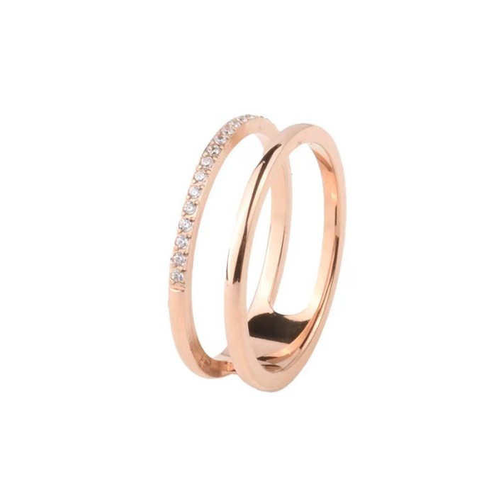 Personalized Hollow Double Layer Stone-Inlaid Ring Couple Design Simple Fashion Tail Ring Elegant Versatile Titaniu...