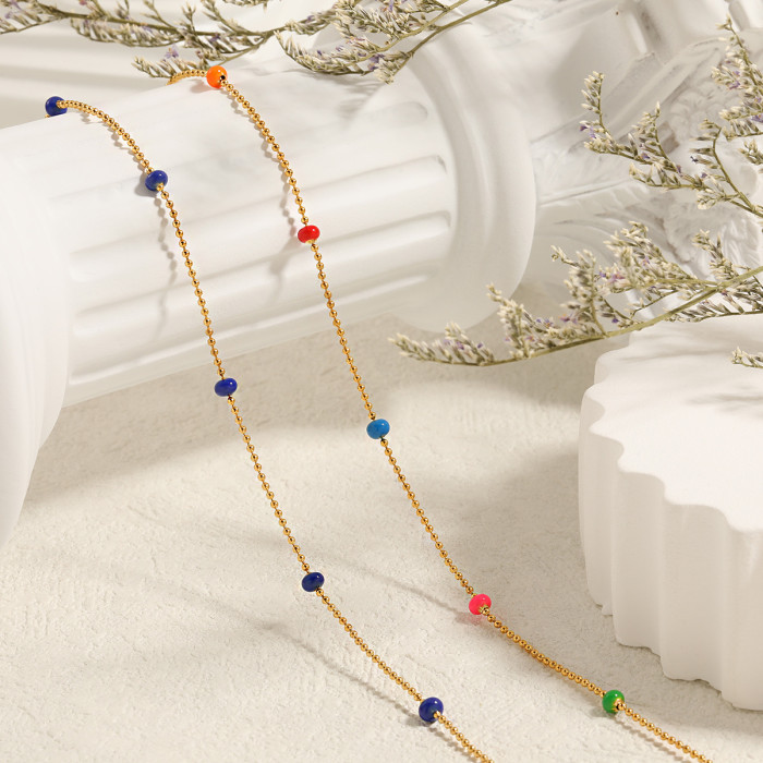 French Retro Bohemian Style Simple Colorful Bead Resin Necklace for Women Fashionable Personality Titanium Steel Coll...