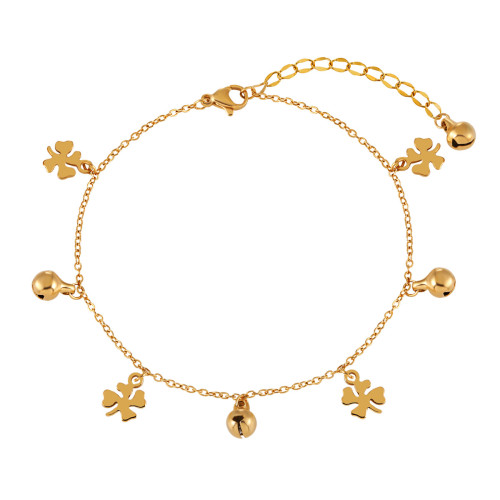 Korean Style Ins Simple New Niche Four-Leaf Clover Bell Anklet for Women Fashion Versatile Personality Gold-Plated Foot Jewelry
