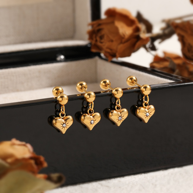 Korean Version New Diamond-Studded Heart Round Bead Stainless Steel Ear Bone Stud for Women Simple Fashion Personality Ins Style Titanium Steel Earrings
