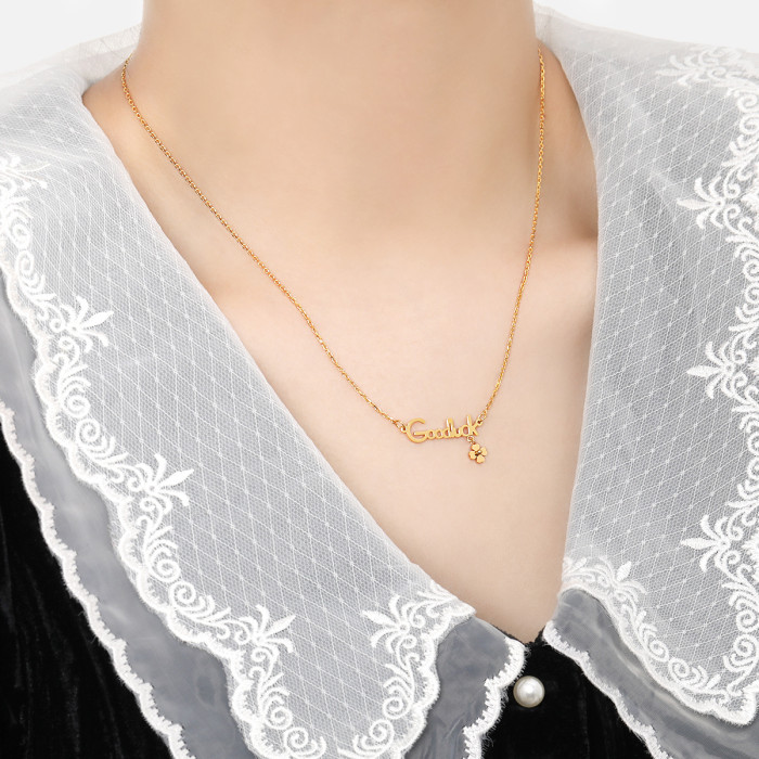 Korean Version Ins Niche Minimalist Light Luxury Goodluck Letter Small Flower Four-leaf Clover Titanium Steel Necklac...