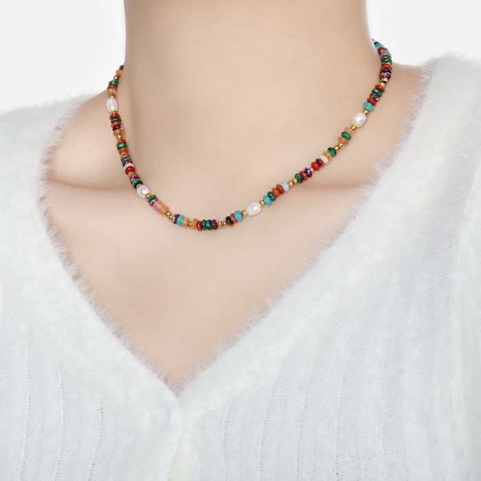 Bohemian Retro INS Niche Design Color-Block Natural Stone Beaded Elegant Freshwater Pearl Titanium Steel Necklace for...