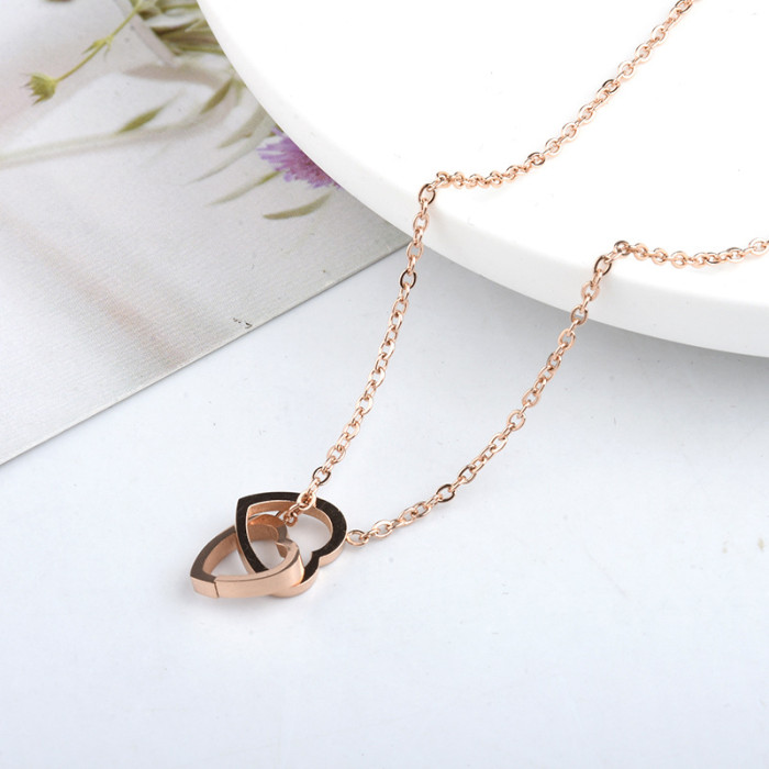 Korean Style INS Electroplated Real Gold Color Retention Heart Collarbone Chain Women's Fashion Niche Design Love Double Ring Necklace