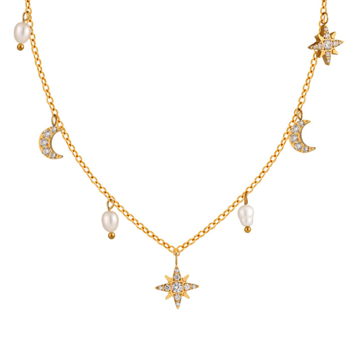 European and American INS Style Eight-Pointed Star Moon Multi-Accessory Freshwater Pearl Necklace for Women with Stone Inlay Fashion Titanium Steel Collarbone Chain