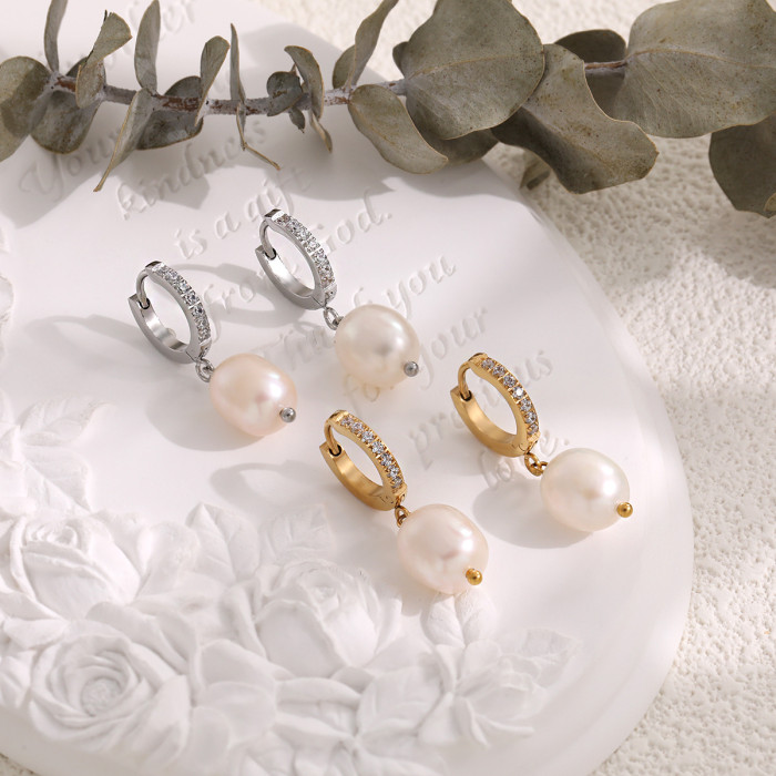 Cross-Border New Fashion Inlaid Stone Earrings Hoop Titanium Steel Women's Ins Style High-End Natural Pearl Water Drop Earrings Jewelry