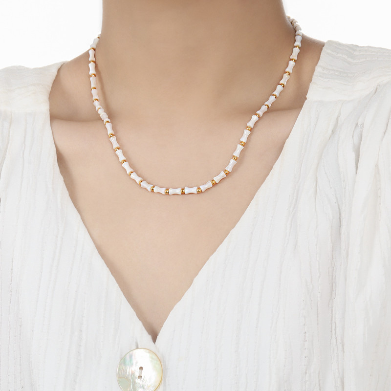 French Retro Natural Stone Bamboo Knot Collarbone Chain for Women Stainless Steel Gold-Plated Necklace Ins Niche Jewelry Wholesale