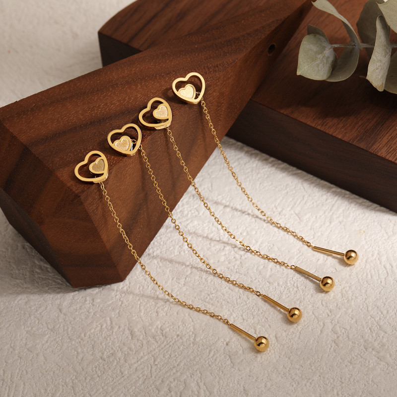 Japanese and Korean Niche Design Hollow Heart Double Heart Long Tassel Ear Thread Simple Elegant Personality Titanium Steel Earrings