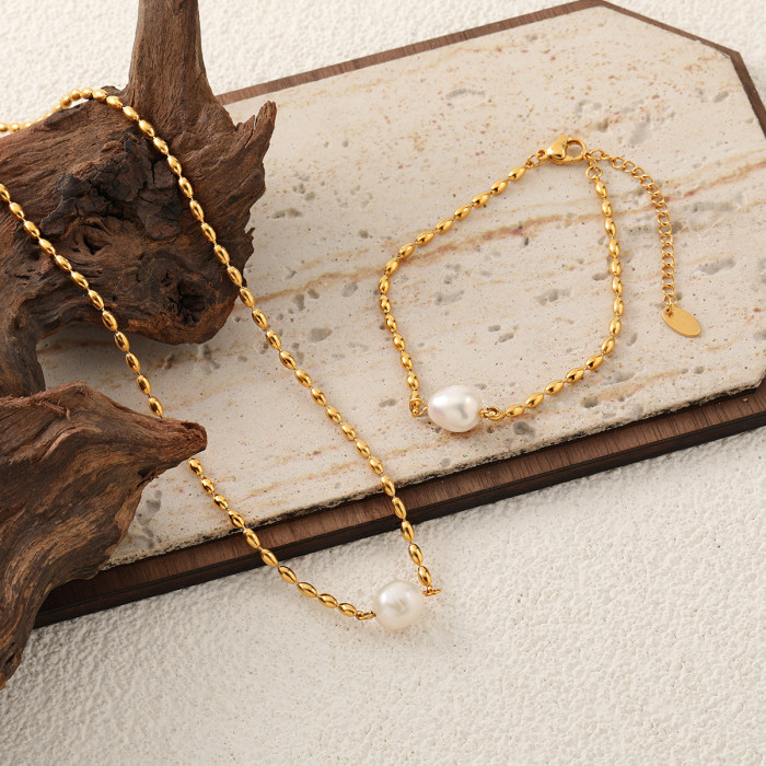 Palace Style Retro Niche Fashion Rice Bead Necklace for Women Titanium Steel PVD Electroplated 24K Gold Rice Grain Br...