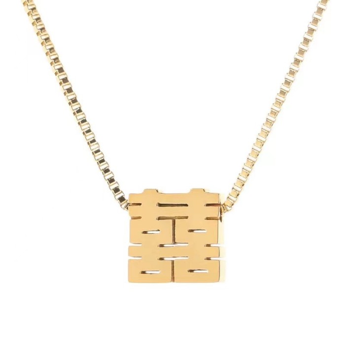 Titanium Steel Gold Pendant Double Happiness Necklace for Women Ethnic Style Double Happiness Clavicle Chain