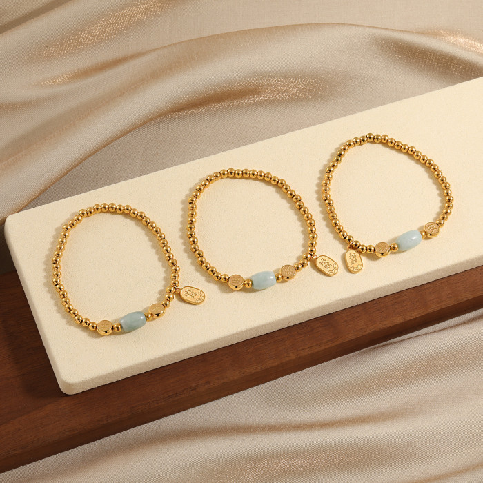 National Trend Ethnic Style Simple Versatile Natural Jade Lucky Elastic Cord Bracelet for Women Personalized Gold Pla...