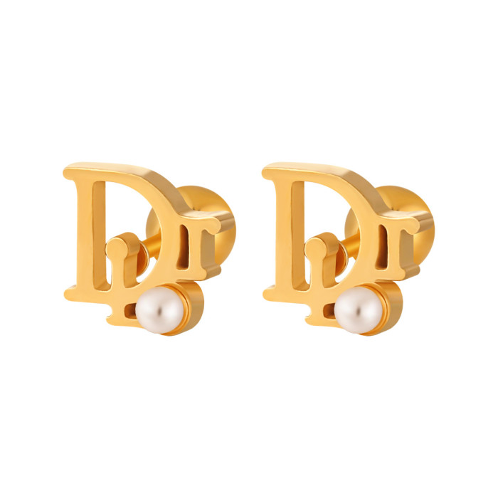 New Fashion D-shaped Pearl Small Earrings Electroplated 24K Gold Titanium Steel Ear Bone Studs Anti-lost Anti-hair Ha...