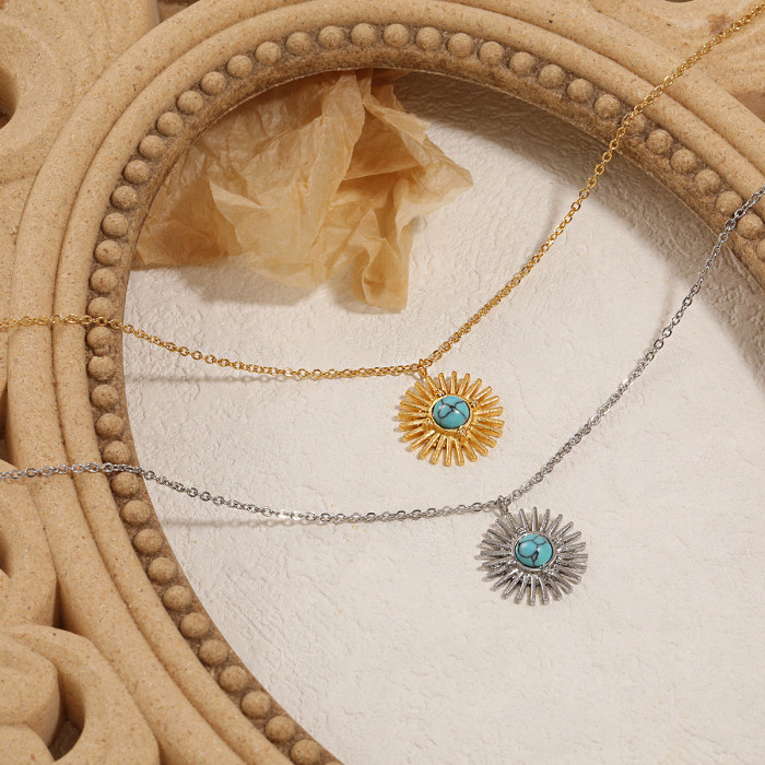 New Niche Natural Turquoise Sunflower Necklace for Women Fashionable Personality Light Luxury Titanium Steel Collarbo...