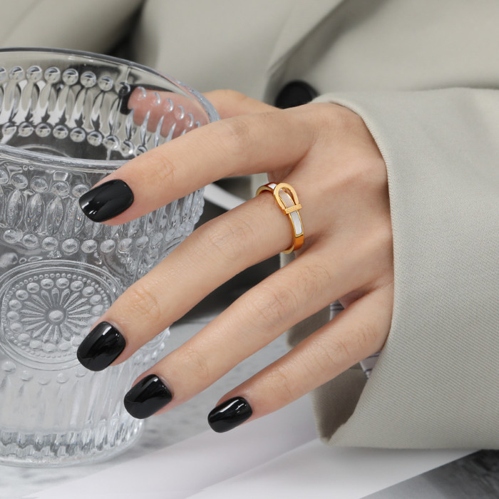 Korean Style Niche Titanium Steel New White Mother-of-Pearl Belt Ring for Women Love Forever Personalized Fashion Ind...