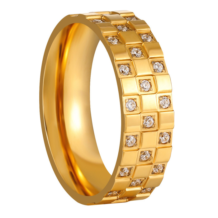 Fashion Wide Square Grid Exquisite Inlaid Diamond Ring Titanium Steel 24K Gold Plated Ins Style High-end Retro Trendy Ring for Women