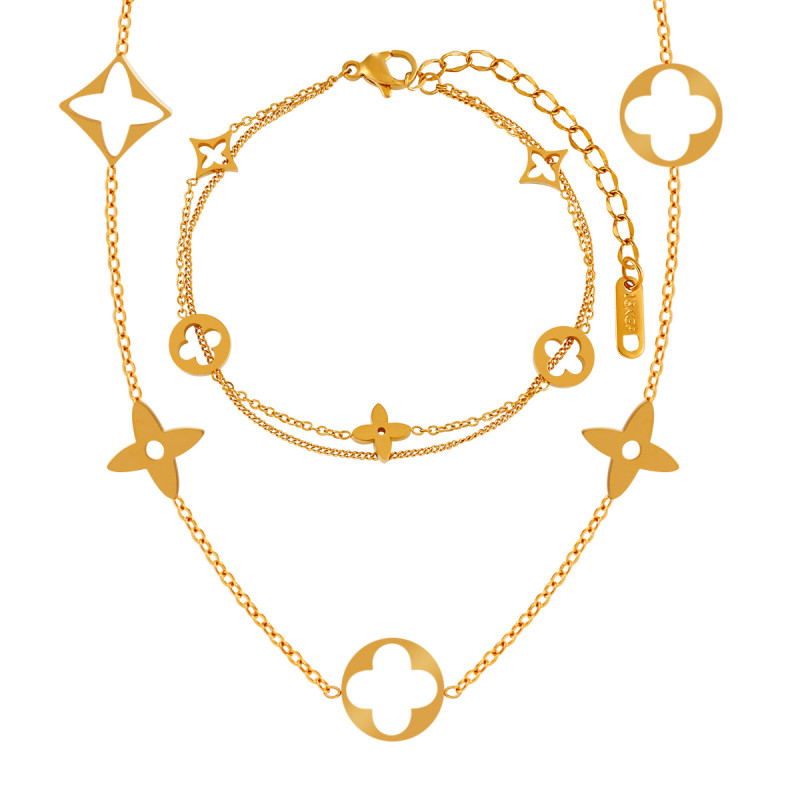 Korean Style Fresh Cute Simple Hollow Four-Leaf Clover Titanium Steel Necklace Bracelet Ins Style Fashionable Elegant Jewelry Set