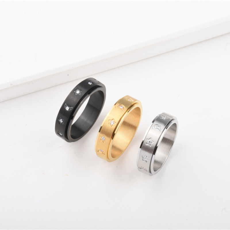 Star Moon Inlaid Diamond Ring for Men and Women, Rotatable Stress Relief Ring, European and American Style Titanium Steel Casting Anti-Fade Tail Ring