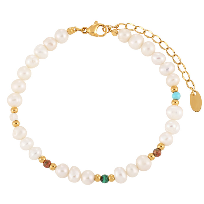 Bohemian Fashion Light Luxury Natural Stone Freshwater Pearl Titanium Steel Bracelet for Women Simple High-End Beaded...