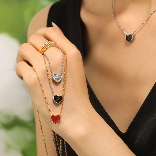 Cross-Border Fashion High-End Stainless Steel Heart Necklace for Women Ins Style Peach Heart Mud Diamond Black Red Double-Sided
