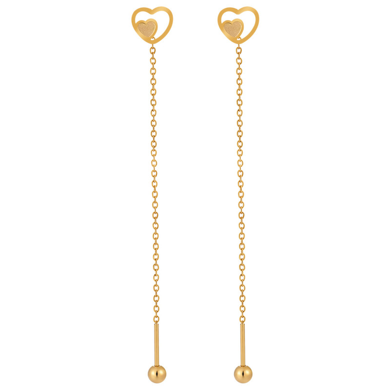 Japanese and Korean Niche Design Hollow Heart Double Heart Long Tassel Ear Thread Simple Elegant Personality Titanium Steel Earrings