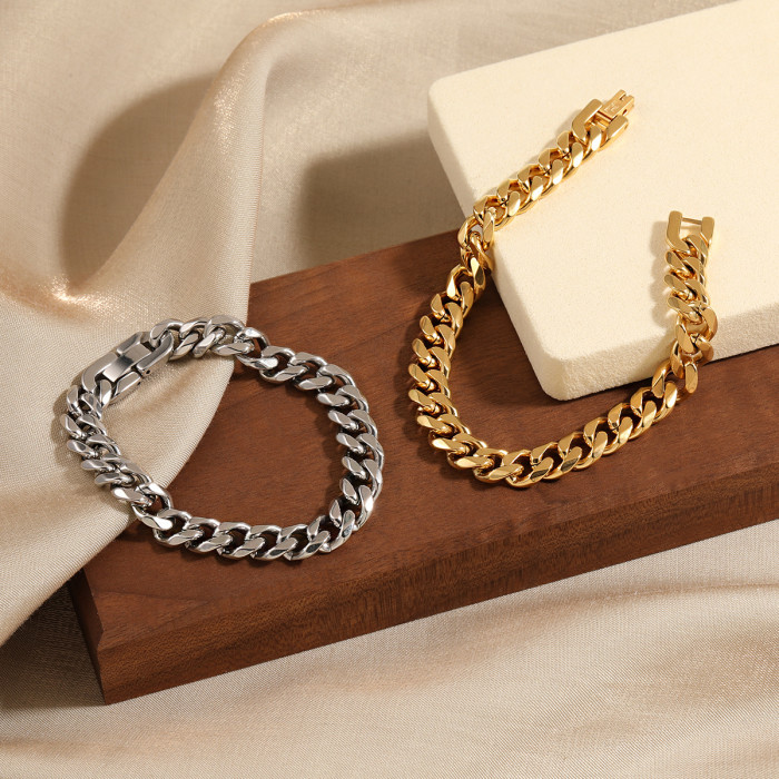 Hip-Hop Heavy Craft Six-Sided Polished Cuban Chain Bracelet for Women Fashionable Personality Gold Plated Titanium St...