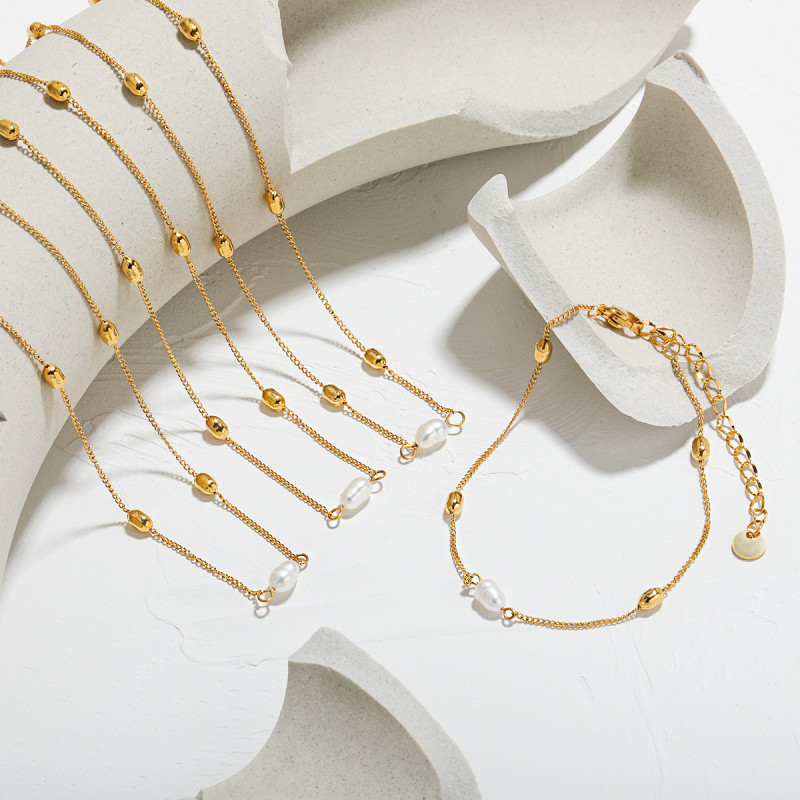 Niche Design INS High-End Fashion Personality Geometric Freshwater Pearl Titanium Steel Necklace Bracelet Women's Set