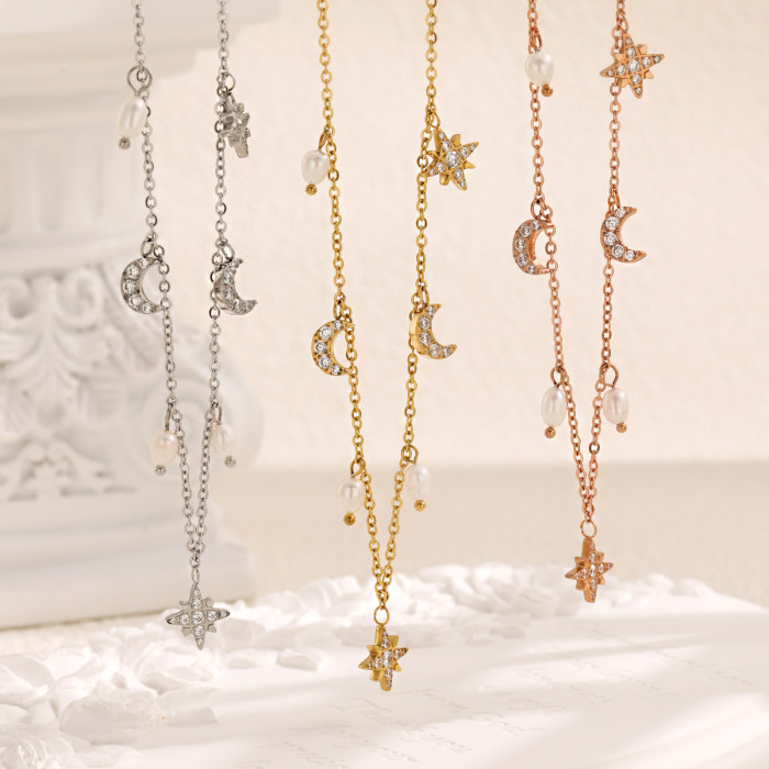 European and American INS Style Eight-Pointed Star Moon Multi-Accessory Freshwater Pearl Necklace for Women with Stone Inlay Fashion Titanium Steel Collarbone Chain