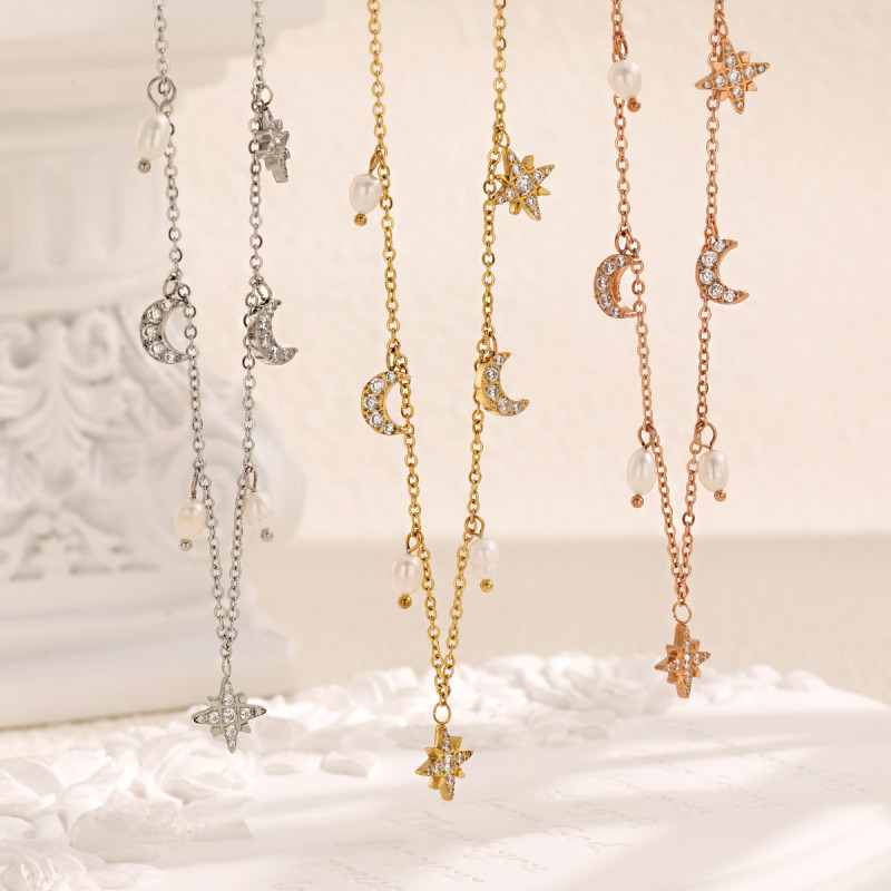 European and American INS Style Eight-Pointed Star Moon Multi-Accessory Freshwater Pearl Necklace for Women with Stone Inlay Fashion Titanium Steel Collarbone Chain