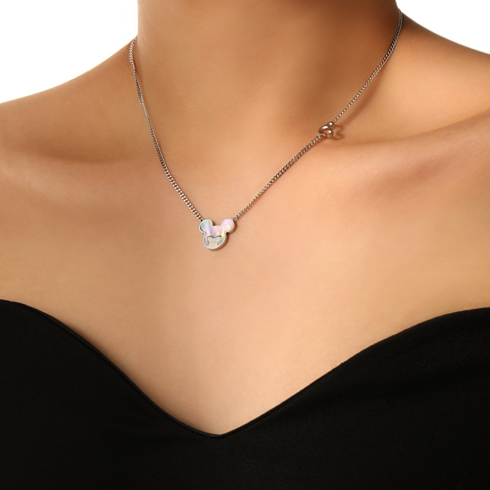 Cross-Border Personality Cool Bear Cute Mickey Head Necklace for Women Natural Mother of Pearl Titanium Steel Ins Niche Design Clavicle Chain