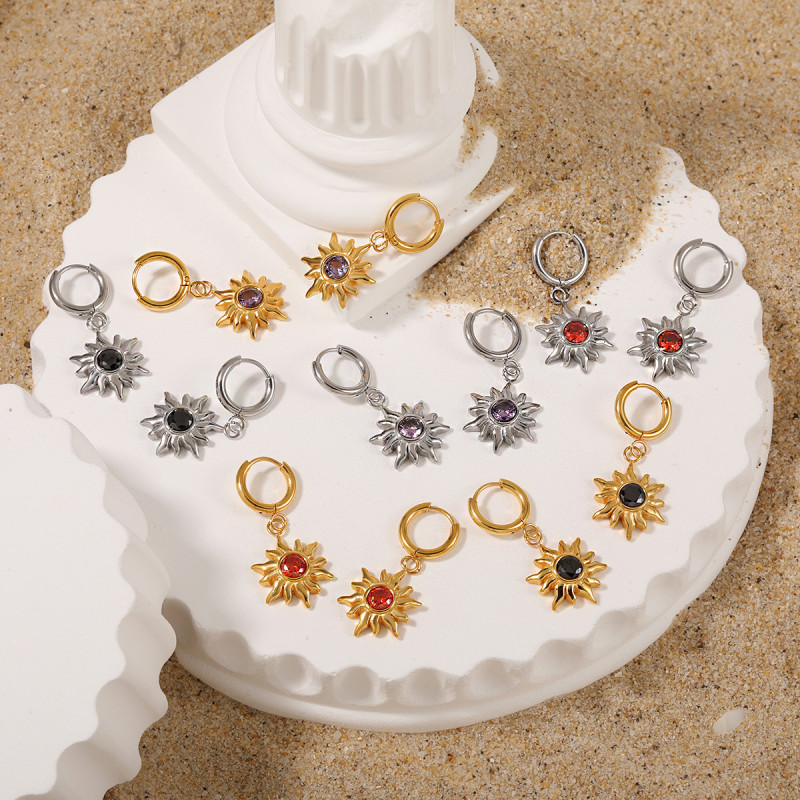 New Simple Sunflower Zircon Colorful Stone Earrings Fashionable Personality Women High-end Gold-plated Titanium Steel New Ear Jewelry