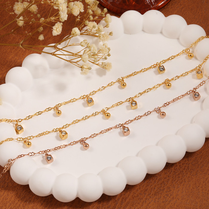 Light Luxury Niche Stainless Steel Stone-Inlaid Round Bead Pendant Anklet Fashionable Personality Simple Titanium S...