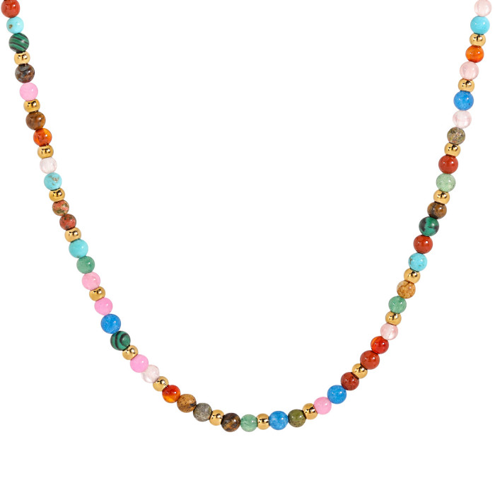 Bohemian Ethnic Style Colorful Natural Stone Titanium Steel Beaded Necklace Personalized Accessories Fashion Bracelet Jewelry Set