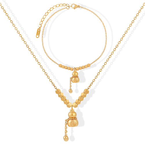 New Chinese Style Niche Geometric Diamond Square Fu Character Gourd Necklace Women's Anklet Titanium Steel Jewelry Set
