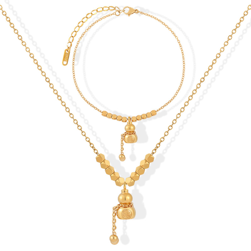 New Chinese Style Niche Geometric Diamond Square Fu Character Gourd Necklace Women's Anklet Titanium Steel Jewelry Set