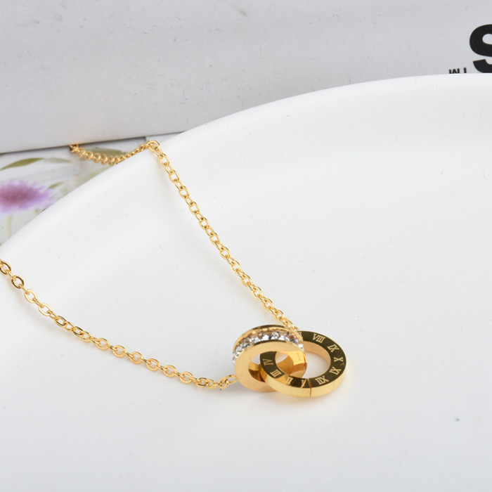 Korean Style Roman Double Ring Necklace with Diamond Personality Simple Versatile Titanium Steel Electroplated 24K Gold Clavicle Chain