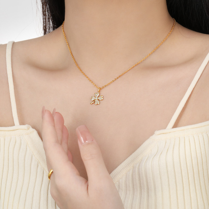 Korean Style Fresh Sweet Light Luxury Micro Inlaid Fully Stone-Set Four-Leaf Clover Necklace for Women Fashionable Perso...