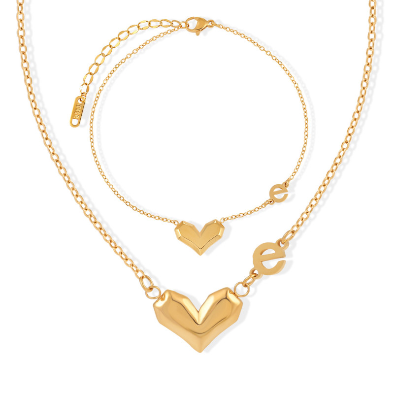Korean Style New Heartfelt Love You Titanium Steel Necklace Women's Anklet Faceted Heart Love You Jewelry Set