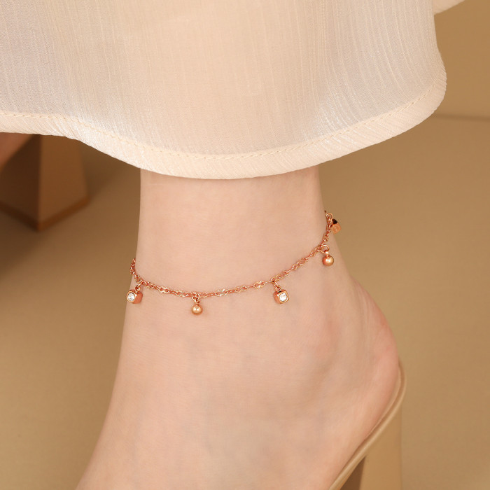 Light Luxury Niche Stainless Steel Stone-Inlaid Round Bead Pendant Anklet Fashionable Personality Simple Titanium S...
