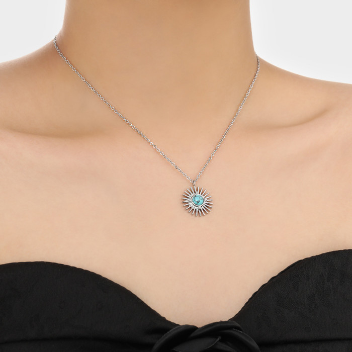 New Niche Natural Turquoise Sunflower Necklace for Women Fashionable Personality Light Luxury Titanium Steel Collarbo...