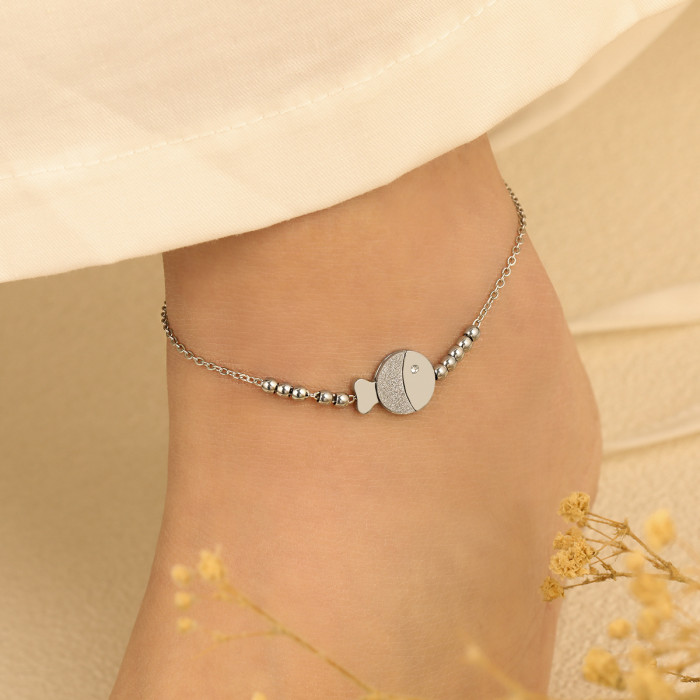 Korean Style Ins Cute Sweet Handmade Beaded Kissing Fish Single Stone Anklet for Women Titanium Steel PVD Gold Foot...