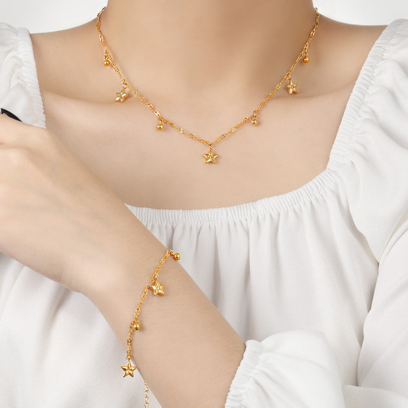 Cross-Border Hot-Selling Niche Ins Minimalist Fashion Five-Pointed Star Sunflower Titanium Steel Bracelet Necklace Women's Jewelry Set