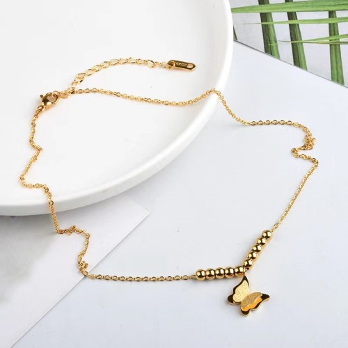 French Retro Steel Bead Butterfly Necklace for Women, Niche Design, Light Luxury, Versatile Titanium Steel Collarbone Chain, Hypoallergenic