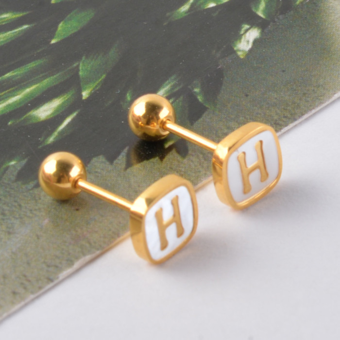 Korean Style Square H Letter White Shell Elegant Personality Titanium Steel Screw Anti-Lost Ear Bone Stud Sleep-Free Earrings
