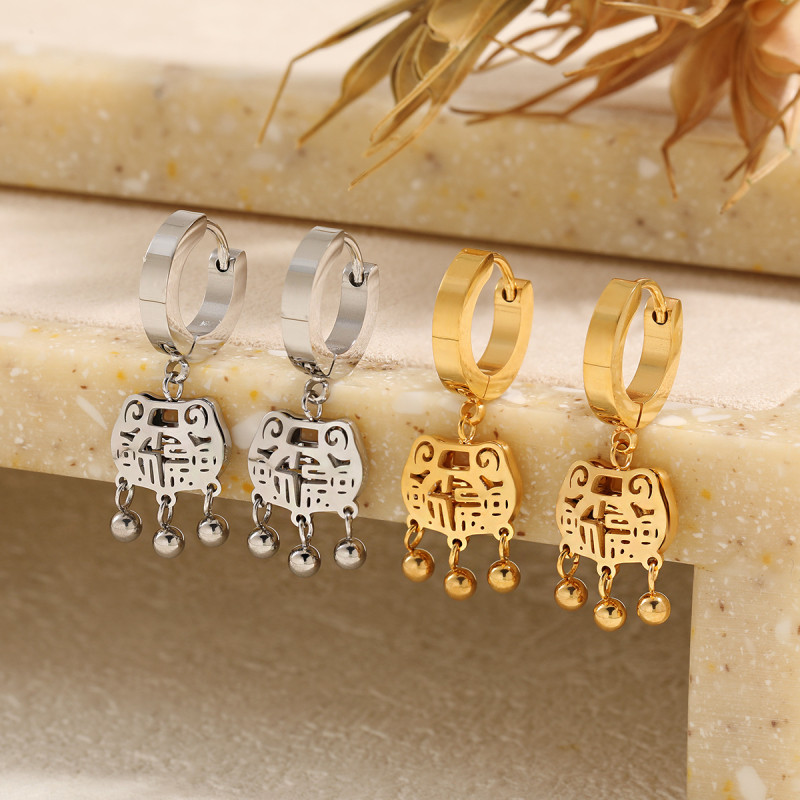 New Chinese Style National Trend Simple Fashion Titanium Steel Ruyi Peace Lock Earrings Niche Design Personality Versatile Fortune Lock Ear Jewelry