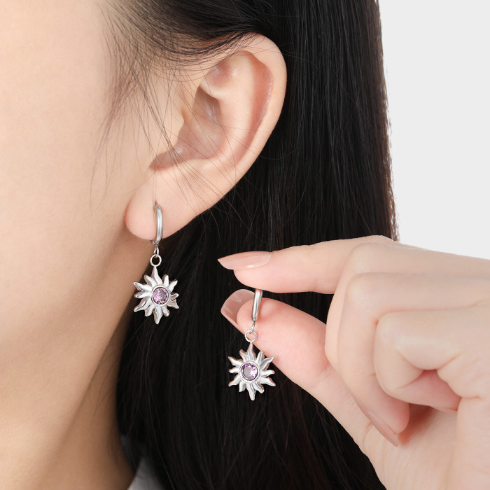New Simple Sunflower Zircon Colorful Stone Earrings Fashionable Personality Women High-end Gold Plated Titanium Steel...