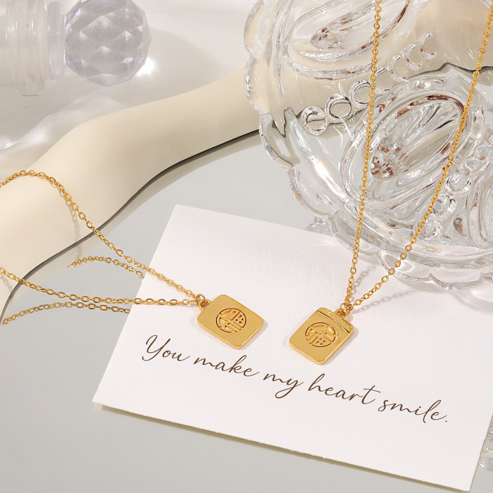 New Chinese Style National Trend New Niche Geometric Fu Character Square Pendant Necklace Fashionable Personality Tem...