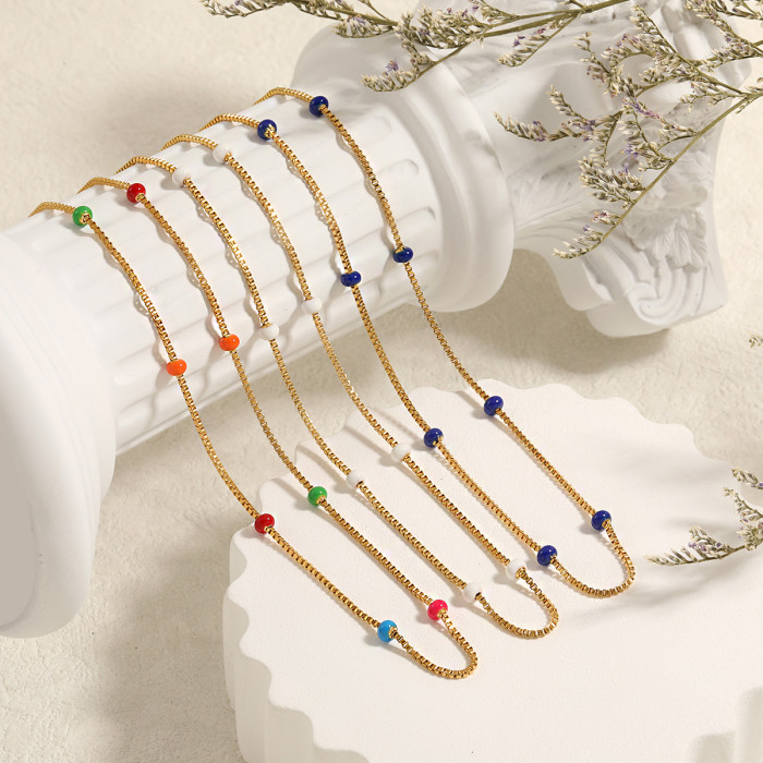 Bohemian Style Retro Simple Colorful Resin Beaded Necklace for Women Fashionable Personality Gold-Plated Titanium Steel Collarbone Chain