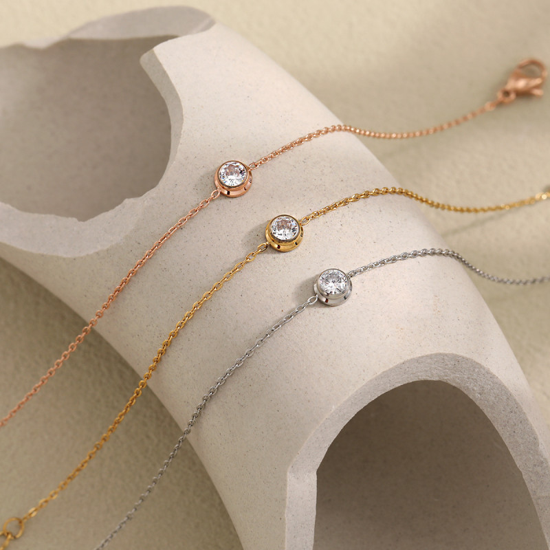 Korean Style Ins Style Exquisite and Simple Single Diamond Stainless Steel Bracelet for Women Single Chain Gold PVD Coated Titanium Steel Hand Jewelry